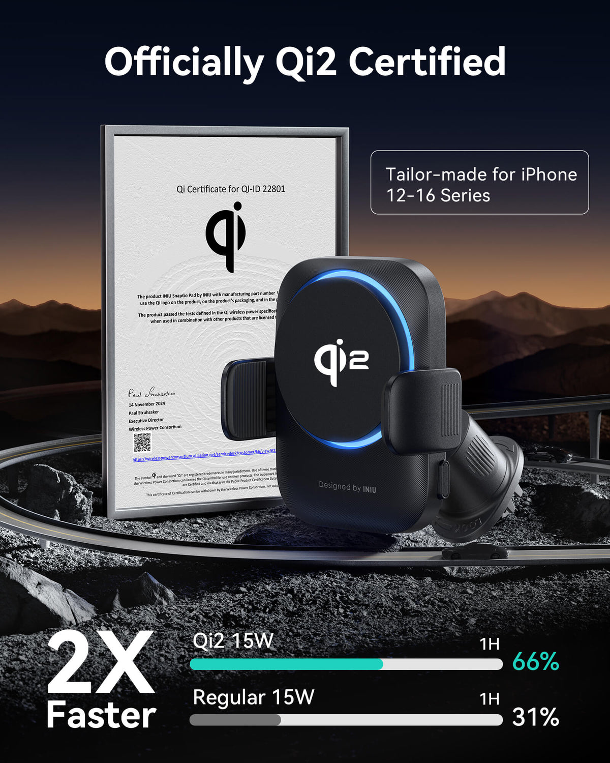 INIU SnapGo V11 Qi2 15W Magnetic Wireless Car Charger Black