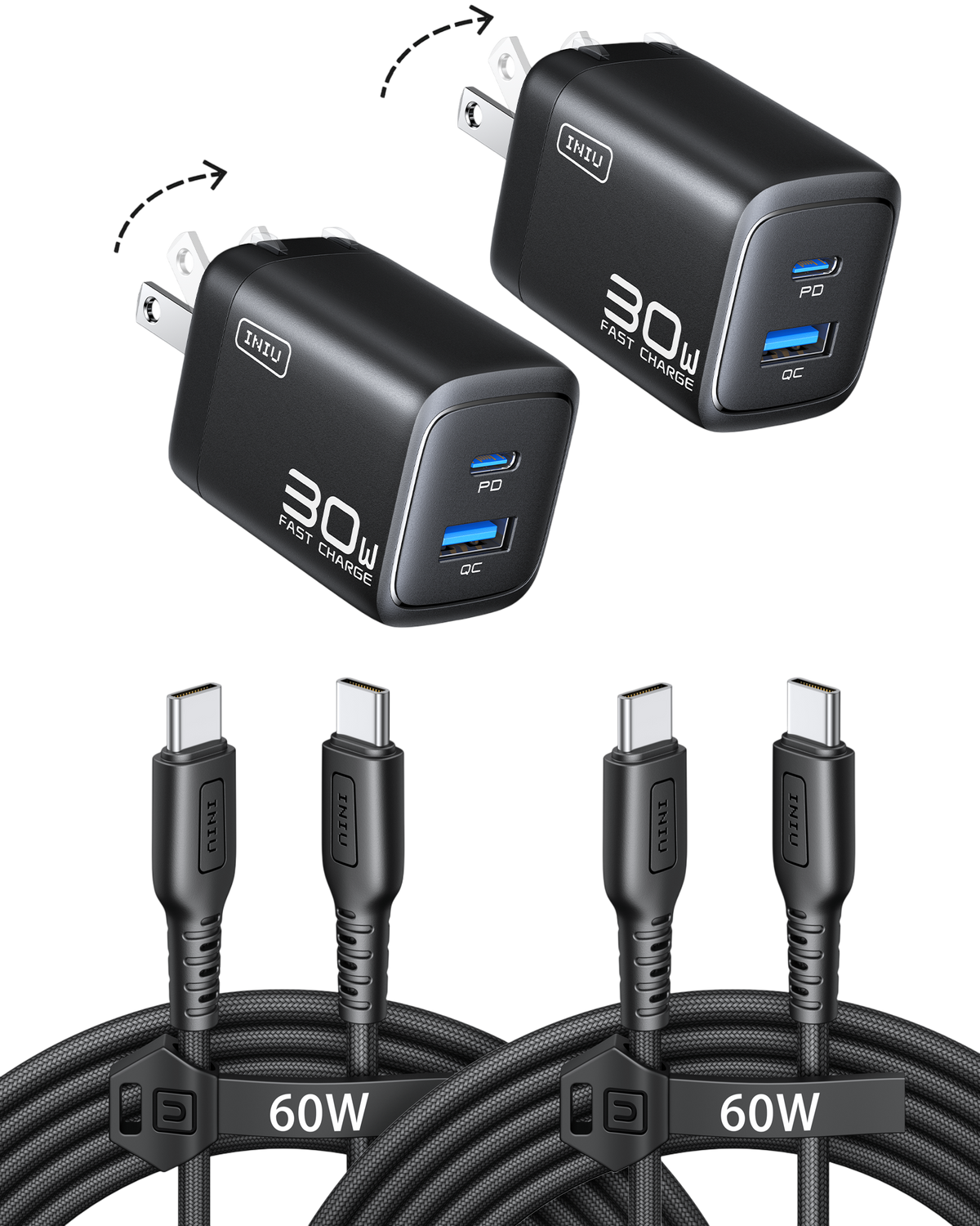 INIU Cougar A12 30W Charger, with USB-C Cable, 2-Pack