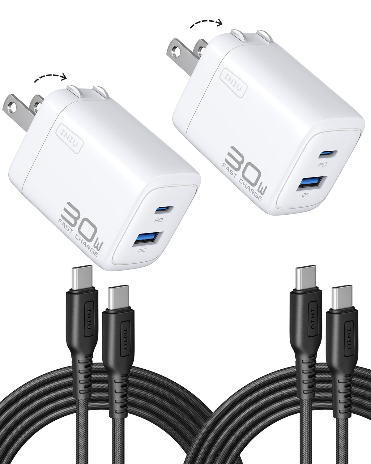 INIU Cougar A12 30W Charger, with USB-C Cable, 2-Pack