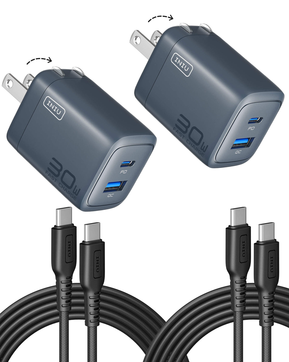 INIU Cougar A12 30W Charger, with USB-C Cable, 2-Pack