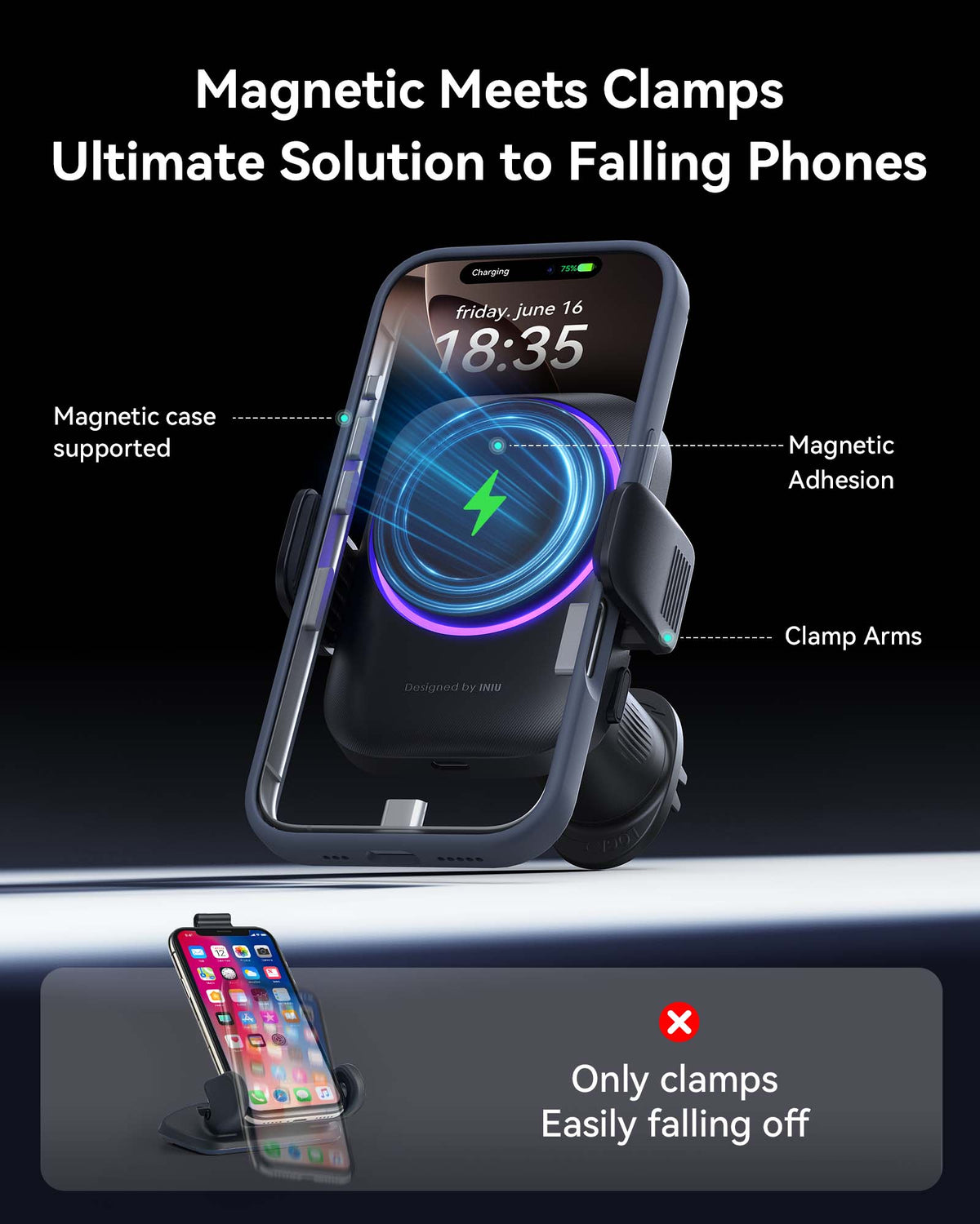 INIU SnapGo V11 Qi2 15W Magnetic Wireless Car Charger Black