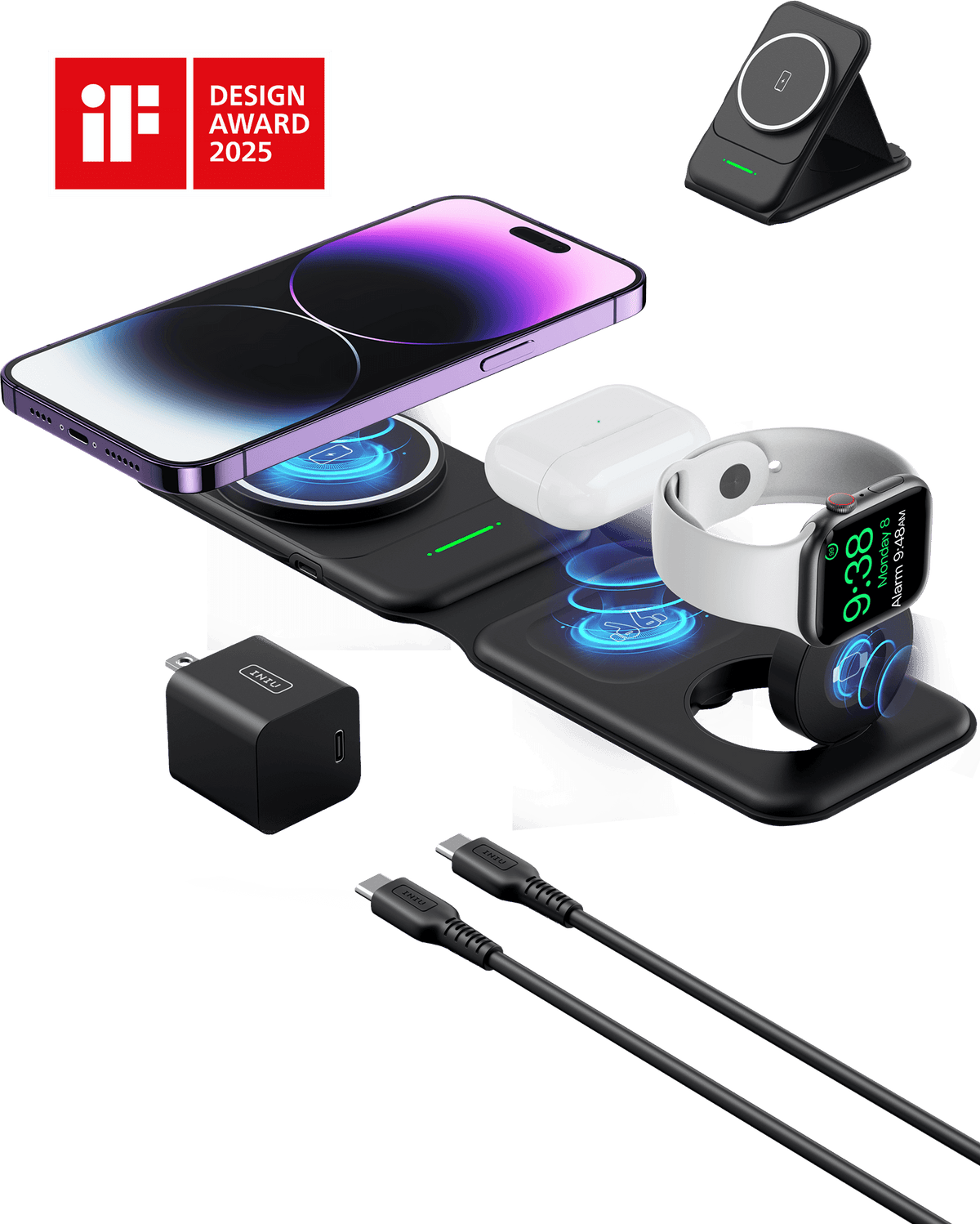 INIU SnapGo WI222 3 in 1 Wireless Charging Pad & Stand, 15W Magnetic Multifunction