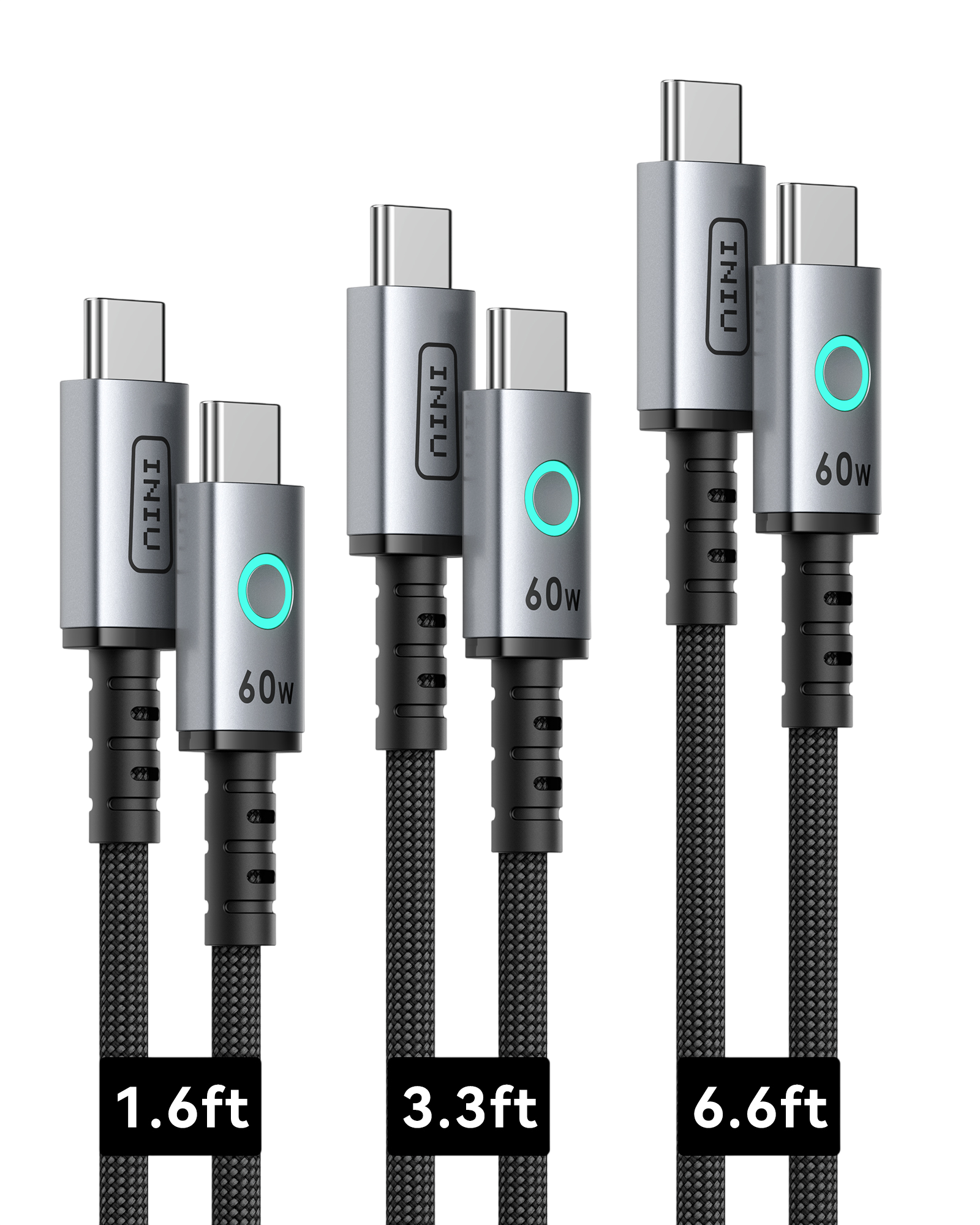 INIU Leopard C13 Braided USB-C to USB-C Cable 60W, Multi-Length, 3-Pack