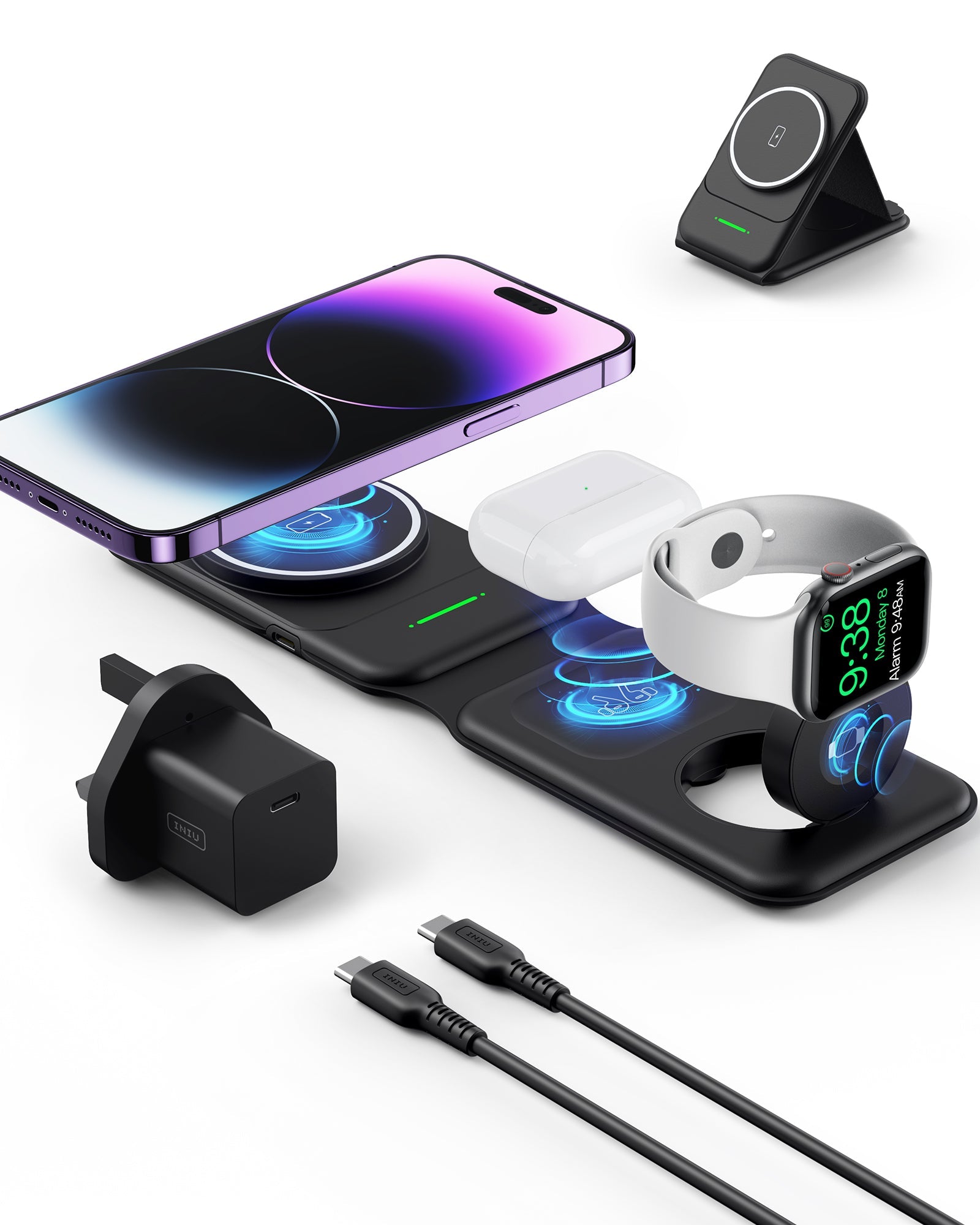 INIU SnapGo WI222 3 in 1 Wireless Charging Pad & Stand, 15W Magnetic Multifunction