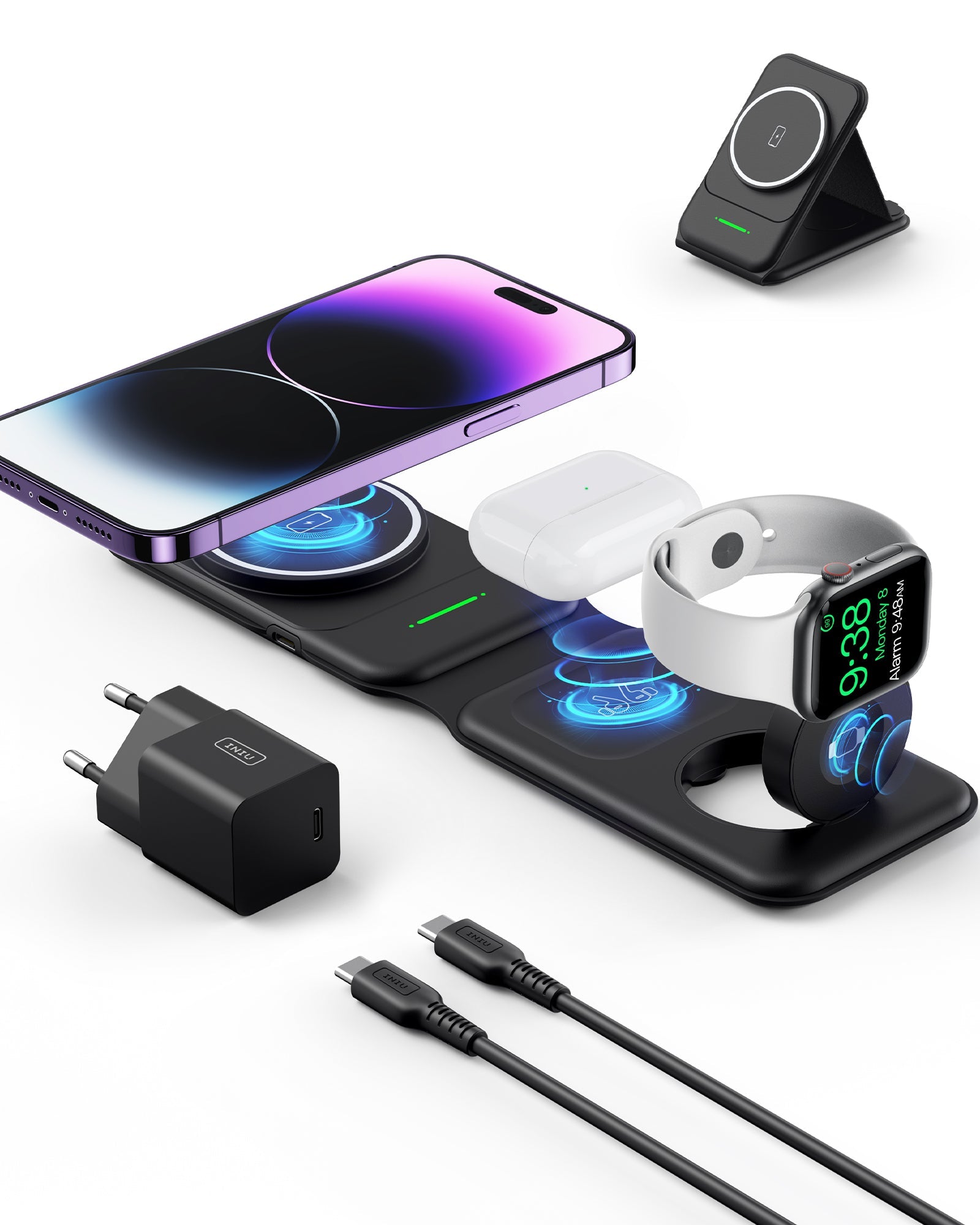 INIU SnapGo WI222 3 in 1 Wireless Charging Pad & Stand, 15W Magnetic Multifunction