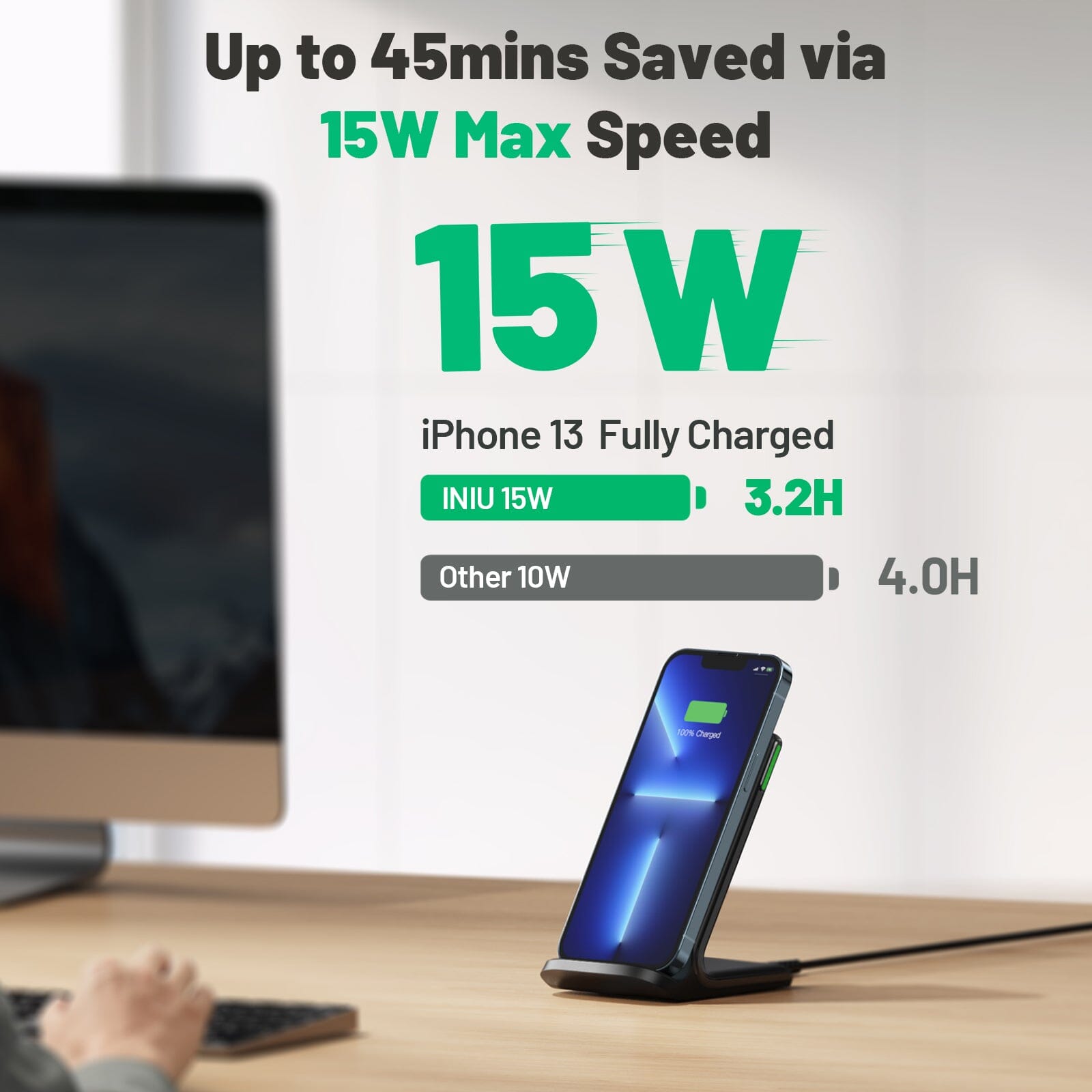 INIU I211 15W Qi-Certified Wireless Charger with Sleep-Friendly Adaptive Light