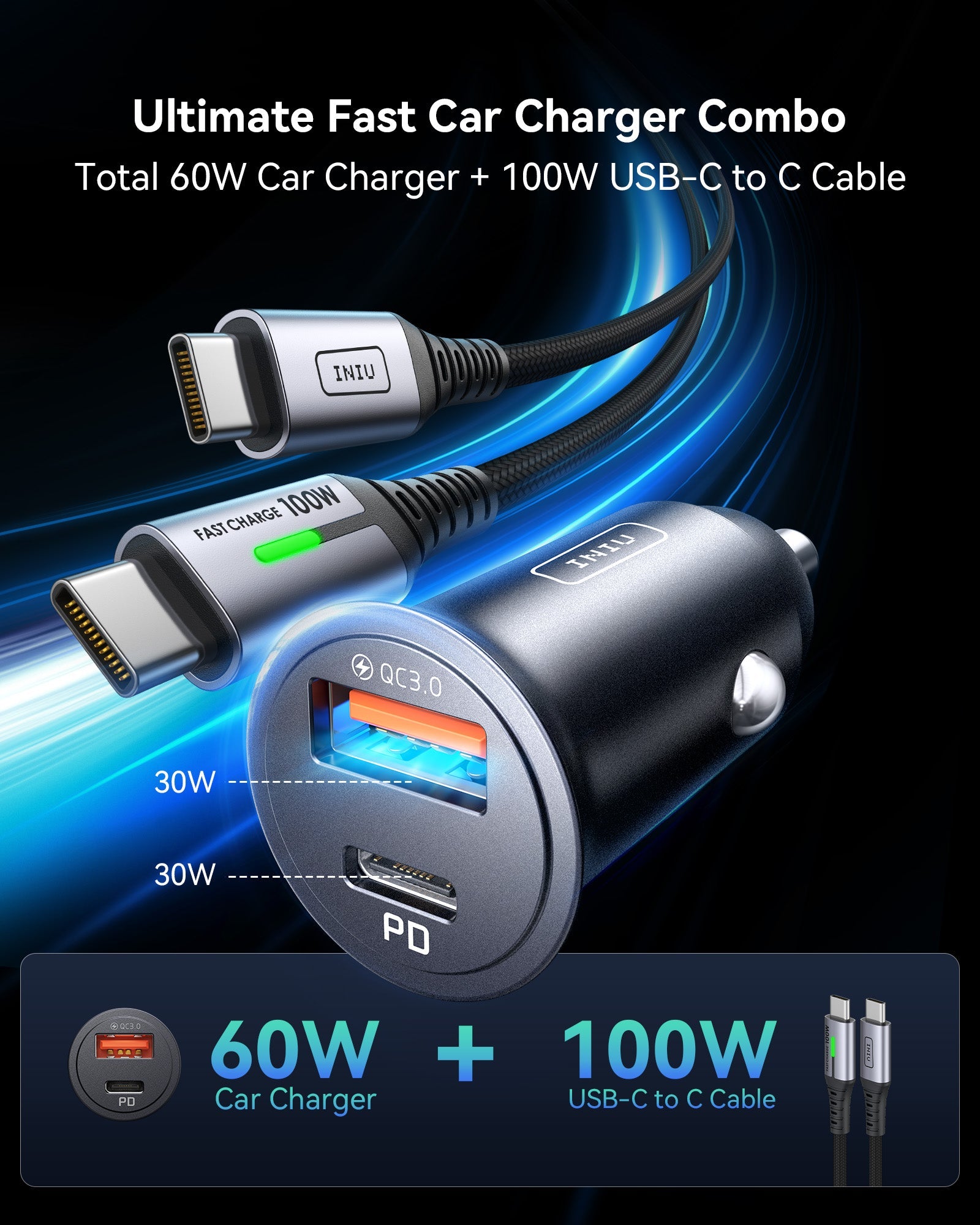 INIU I710 60W 2-Port Car Charger with 100W USB-C Cable