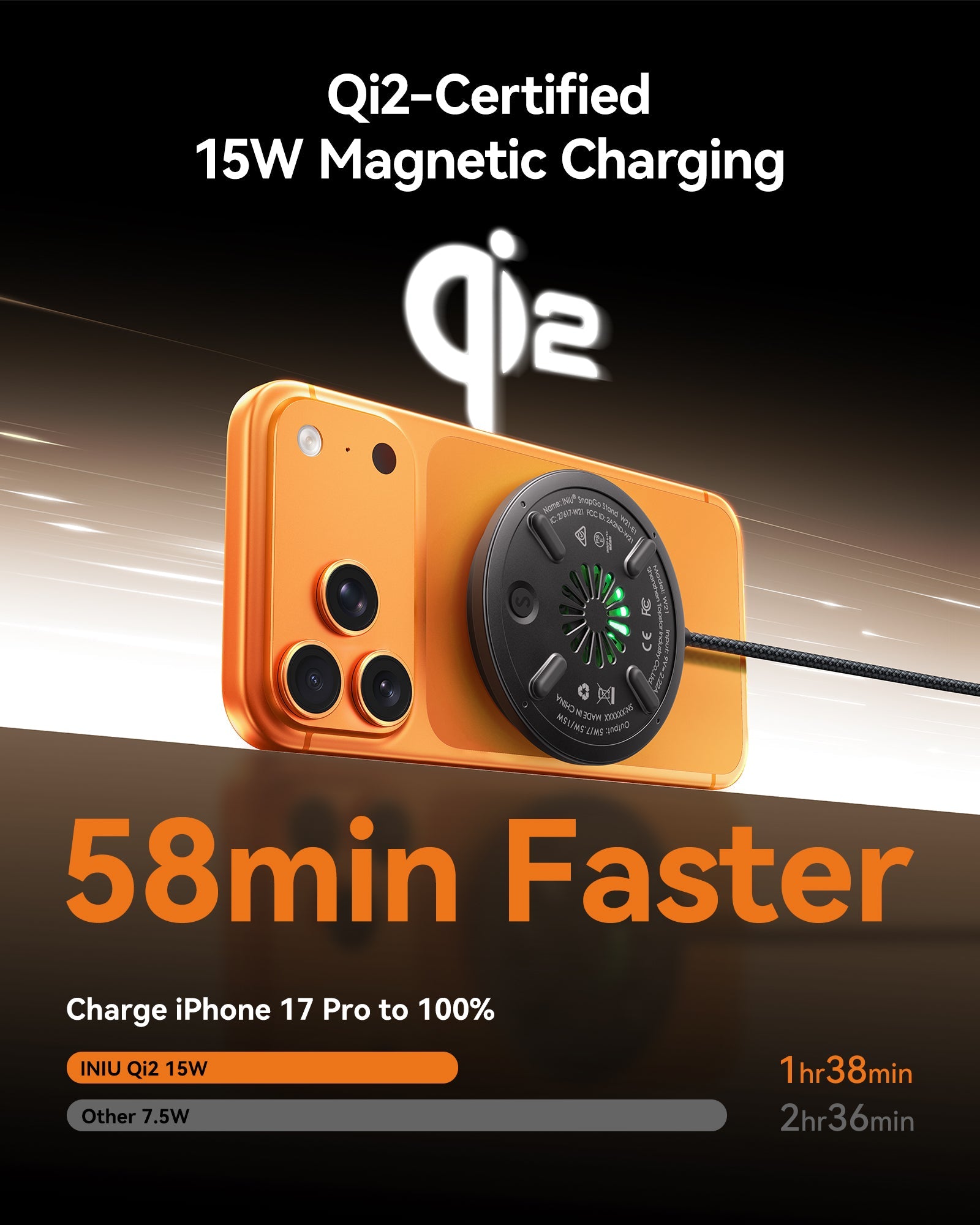 INIU SnapGo W11 Qi2 15W Magnetic LED Wireless Charger
