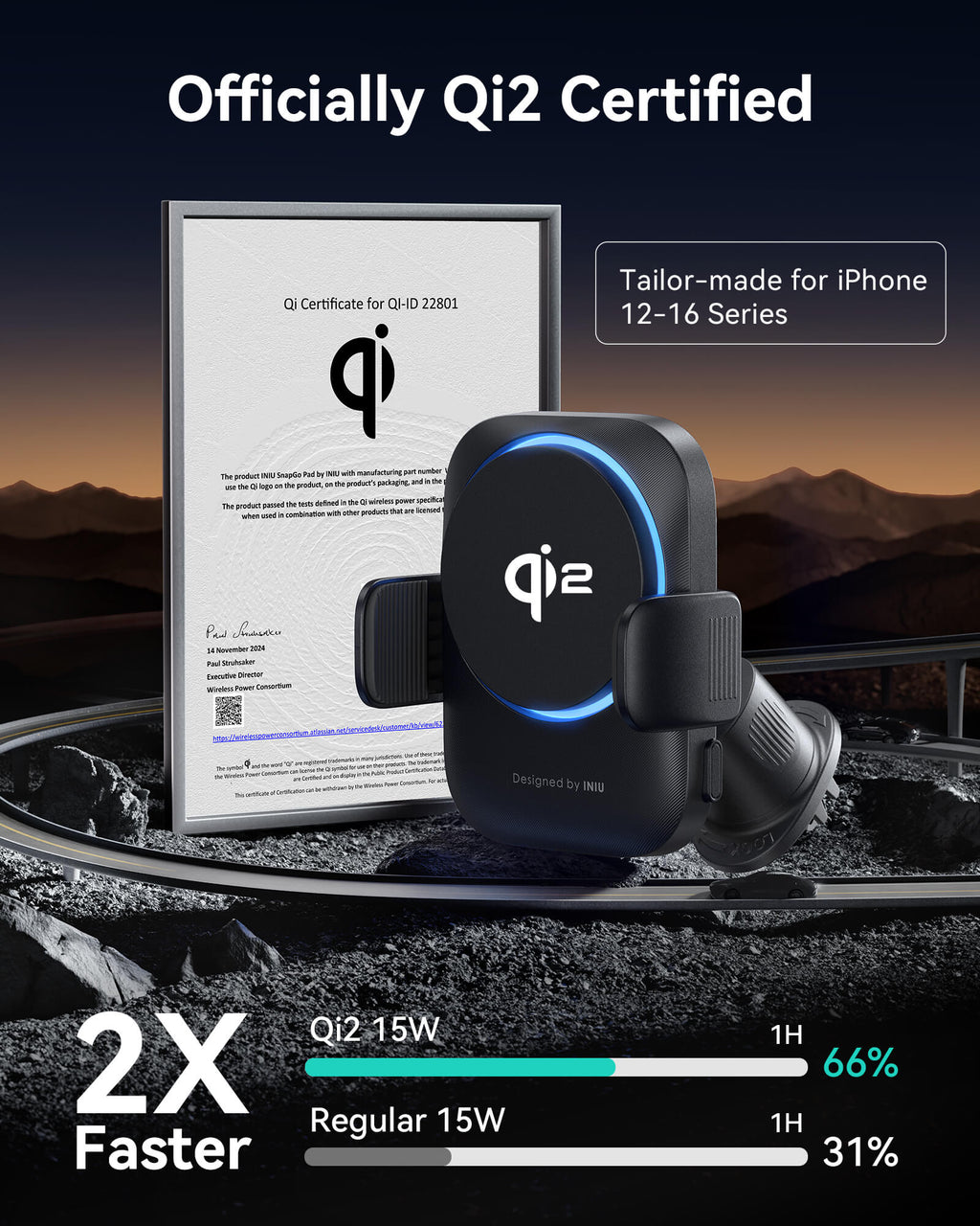 INIU SnapGo V11 Qi2 15W Magnetic Wireless Car Charger Black