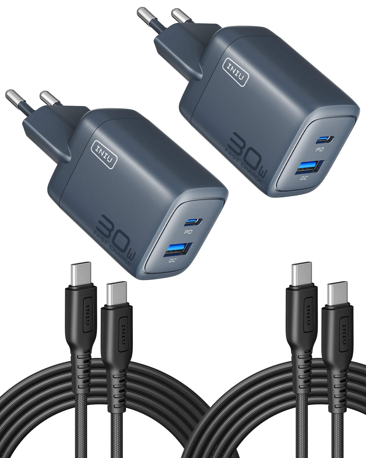 INIU Cougar A12 30W Charger, with USB-C Cable, 2-Pack