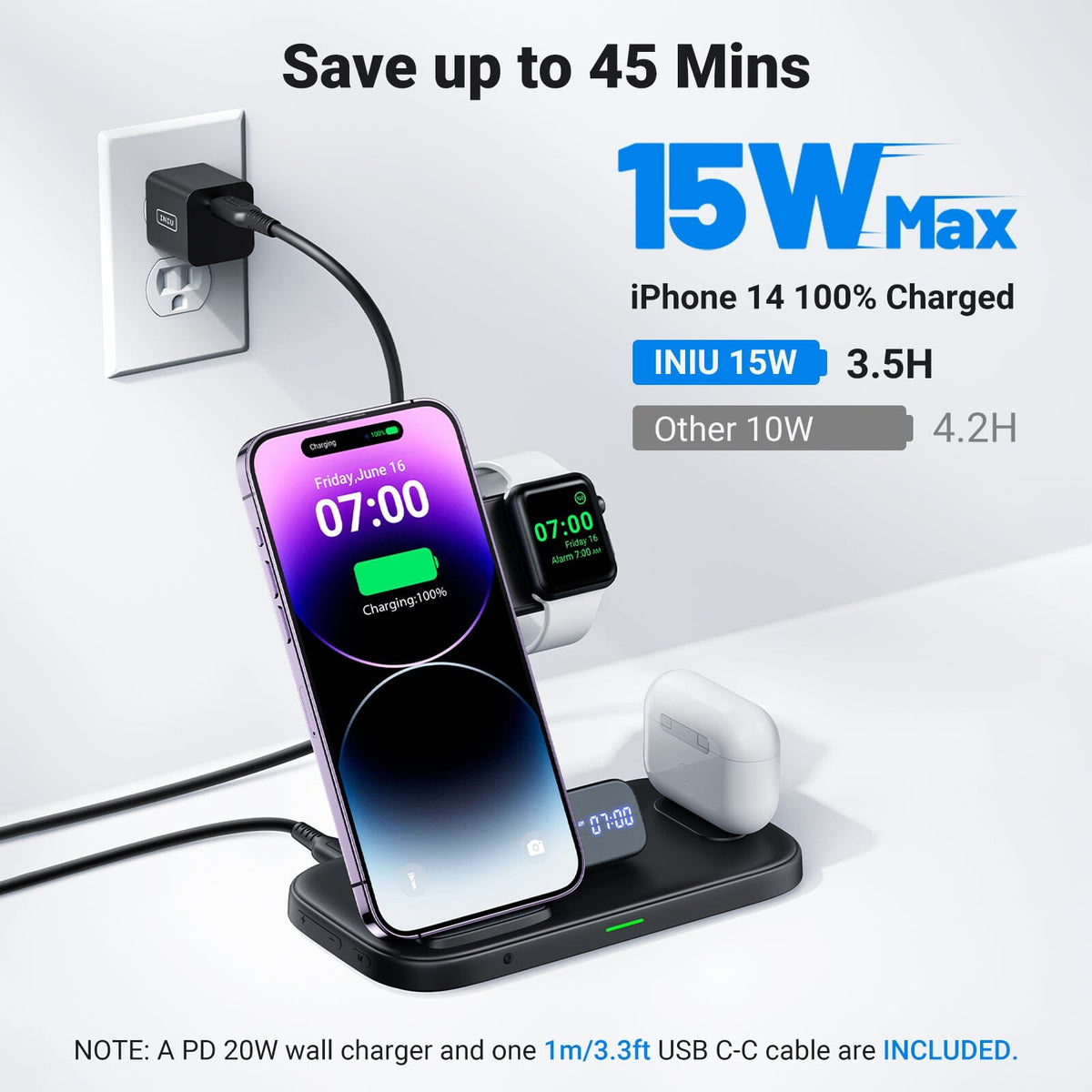 INIU 3-in-1 Wireless Charger 15W, for iPhone Apple Watch AirPods