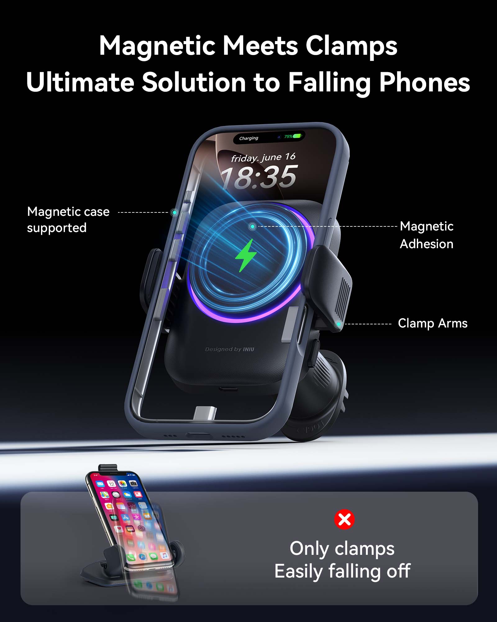 INIU SnapGo V11 Qi2 15W Magnetic Wireless Car Charger Black