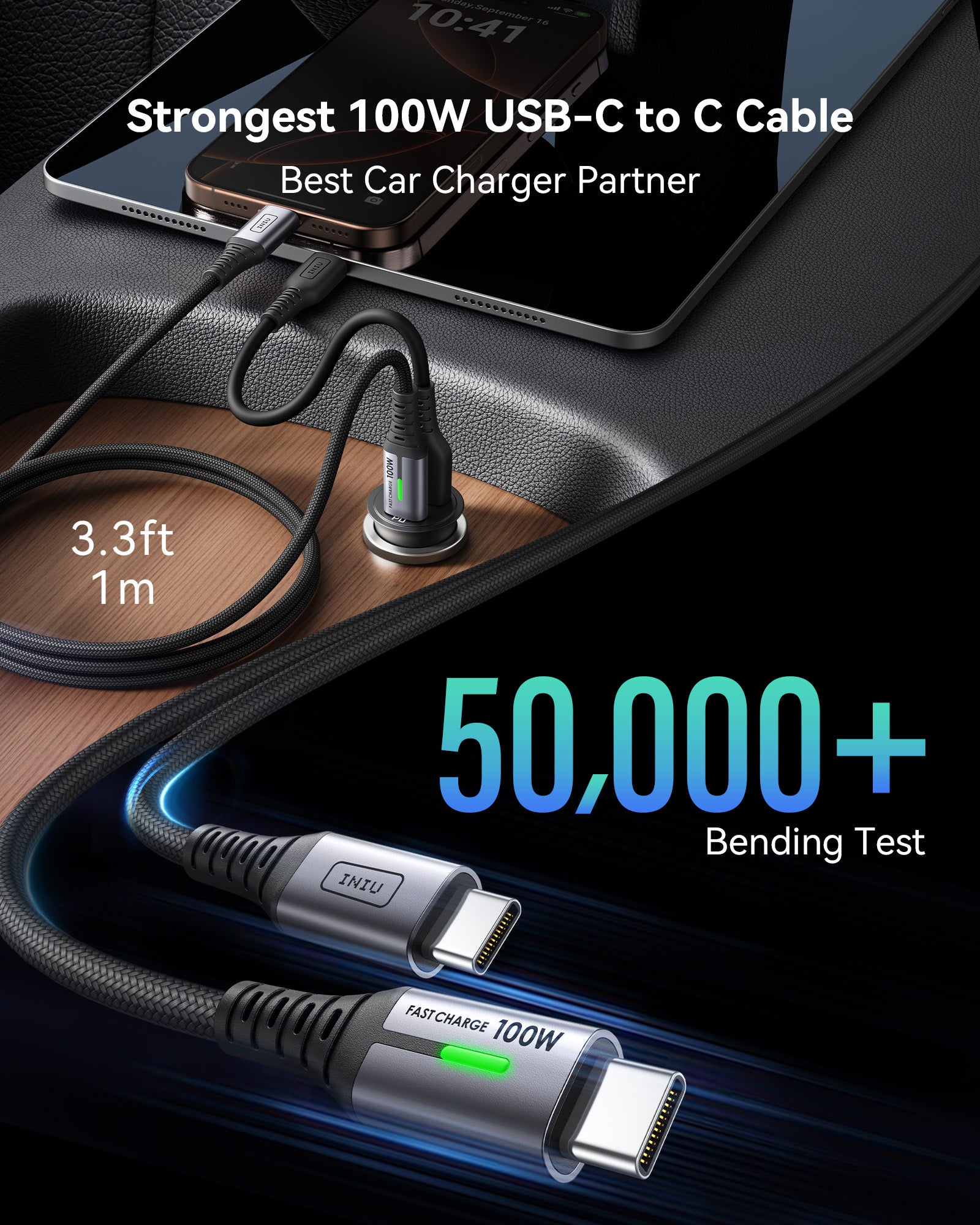 INIU I710 60W 2-Port Car Charger with 100W USB-C Cable