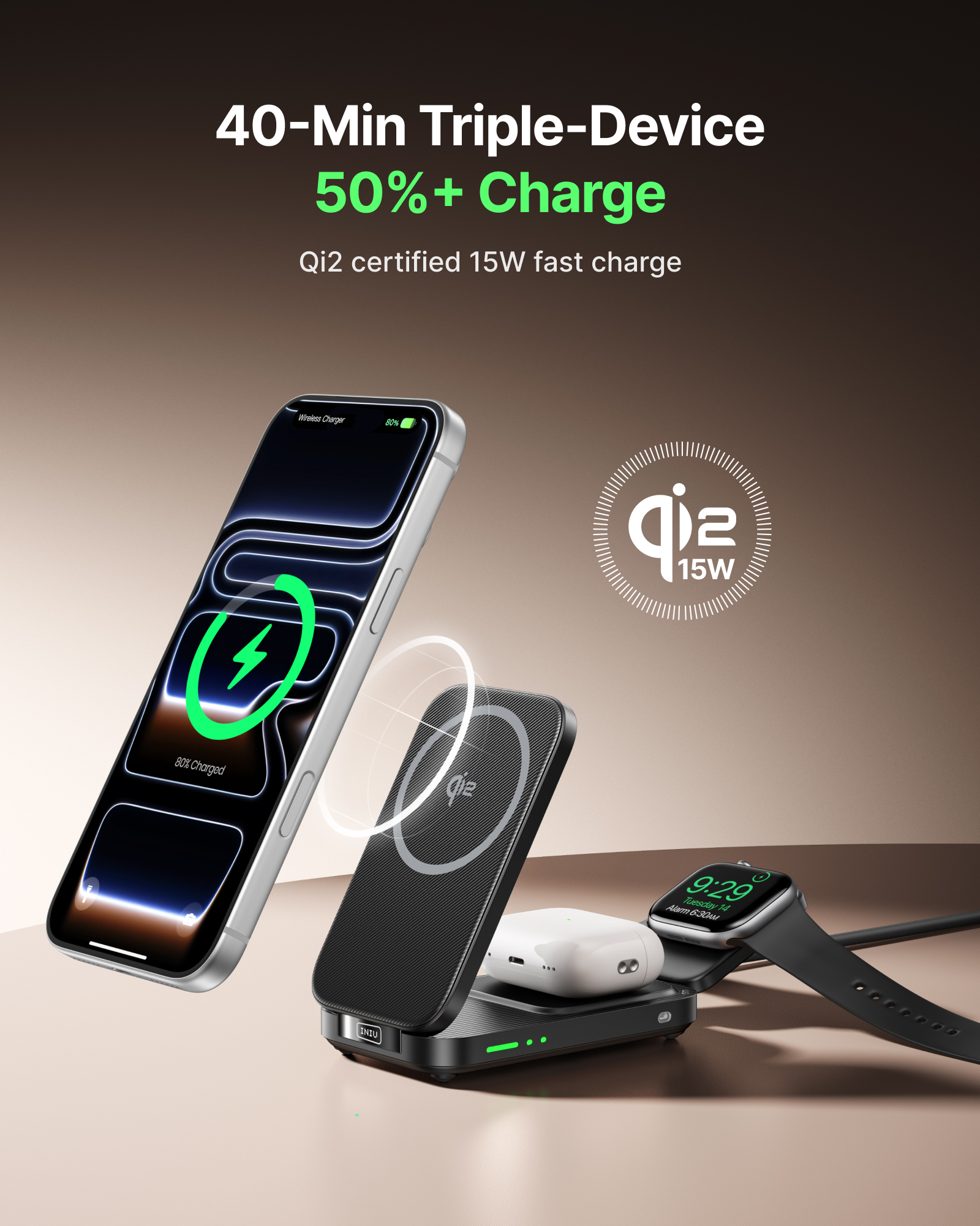 INIU SnapGo W31 Qi2 15W 3 in 1 Magnetic Foldable Wireless Charger