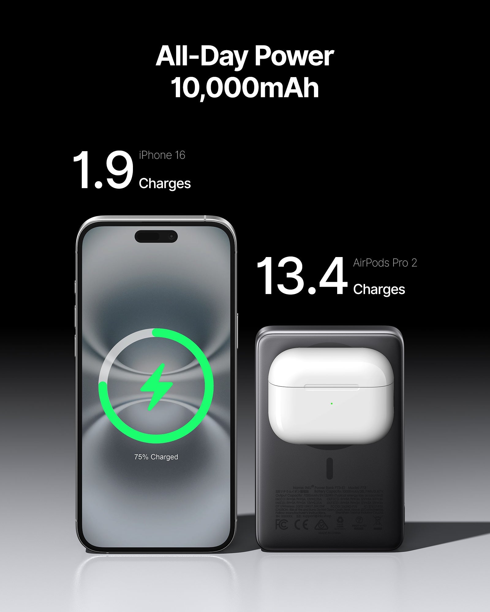 INIU SnapGo Magnetic Power Bank 10000mAh 15W, Qi2 MagSafe