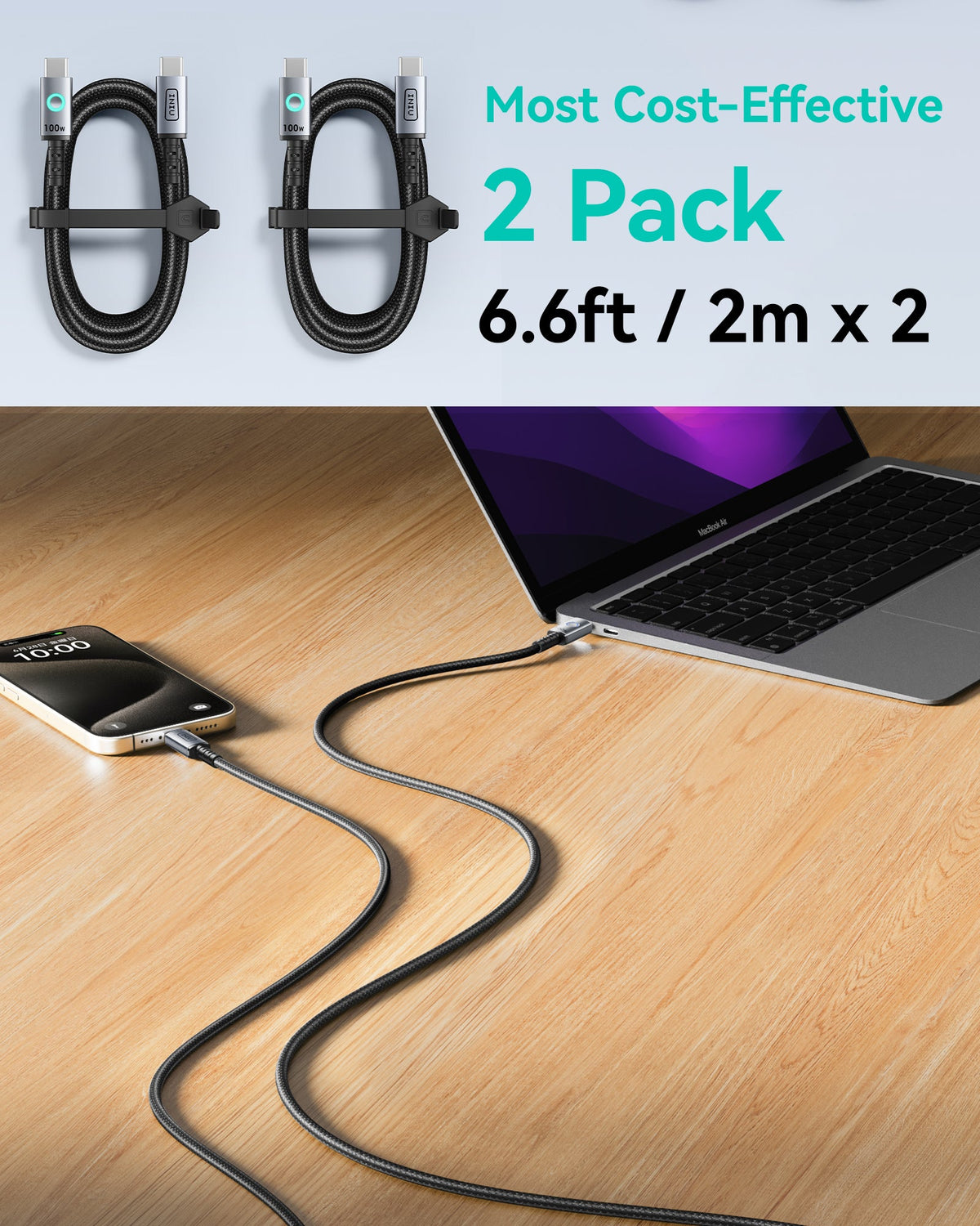 INIU Leopard C11 Braided USB-C to USB-C Cable 100W, 6.6ft / 2m, 2-Pack