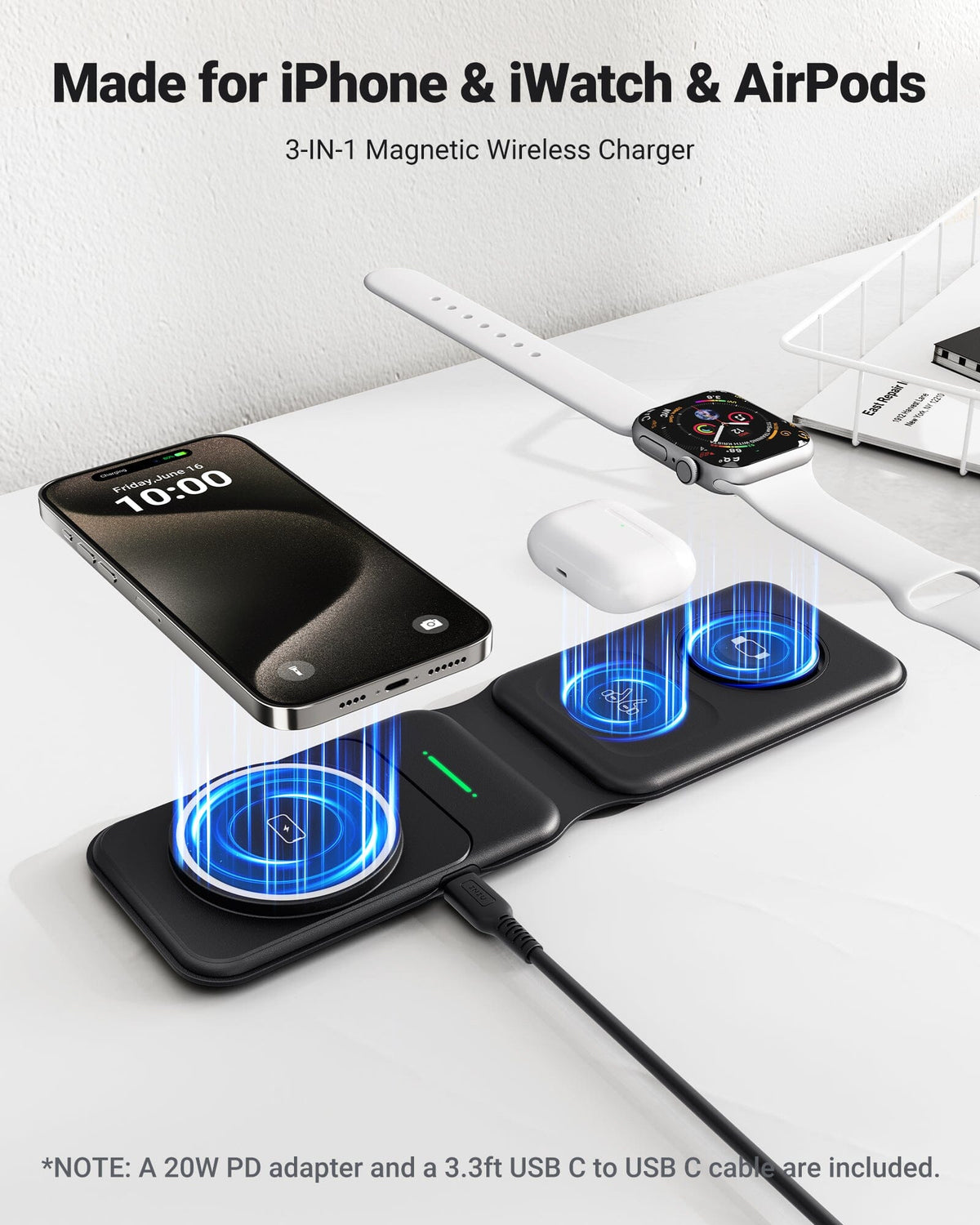 INIU SnapGo WI222 3 in 1 Wireless Charging Pad & Stand, 15W Magnetic Multifunction