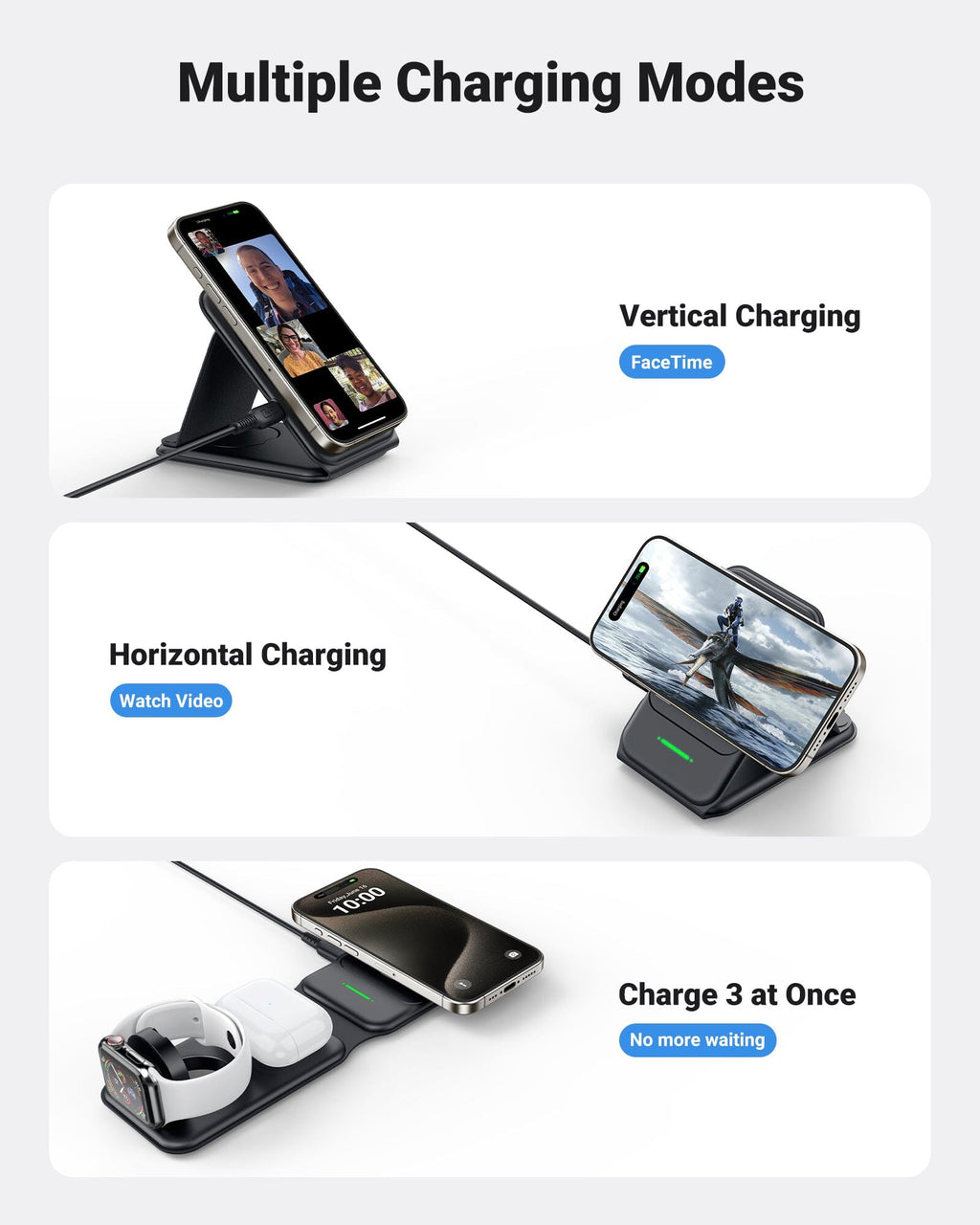 INIU SnapGo WI222 3 in 1 Wireless Charging Pad & Stand, 15W Magnetic Multifunction