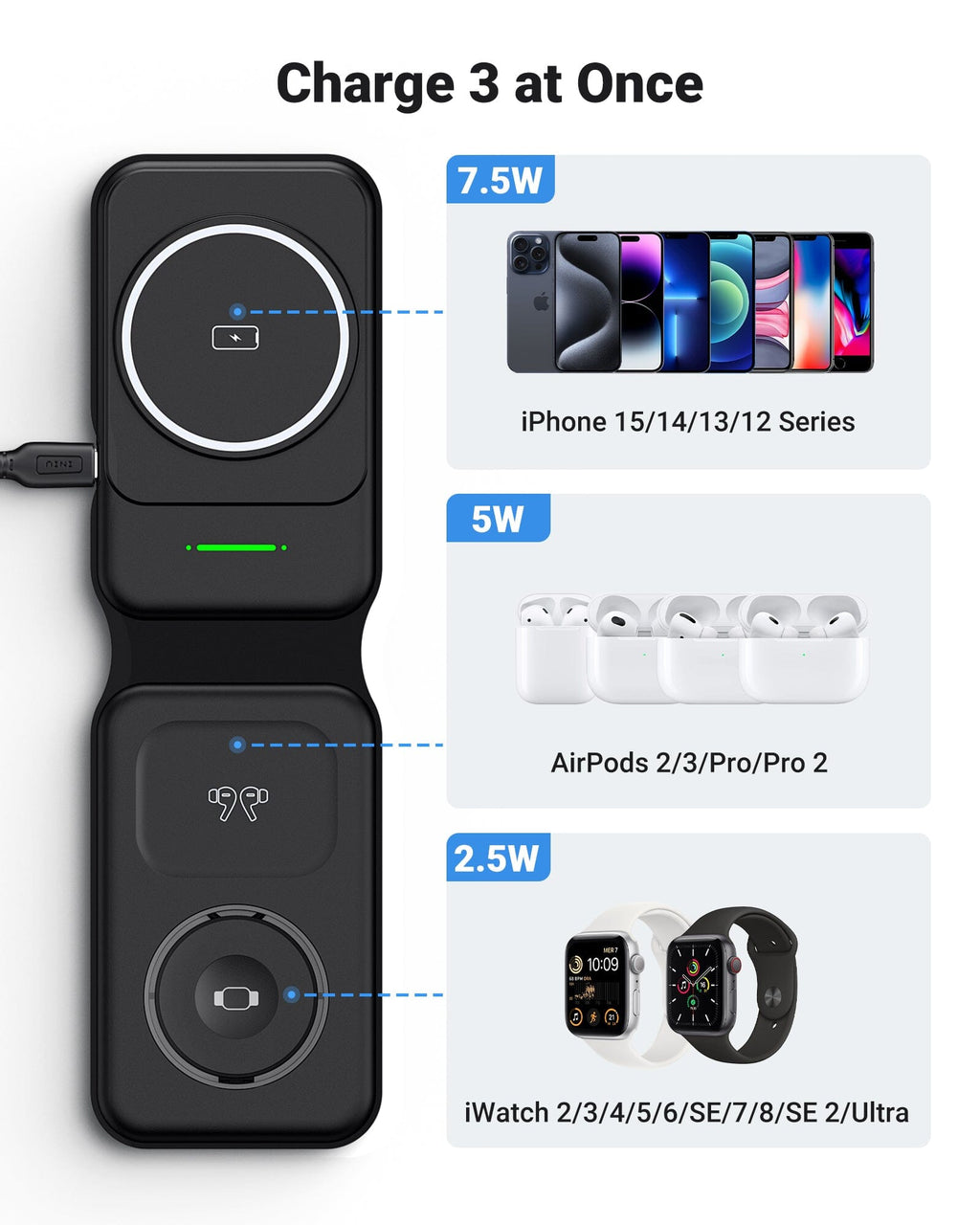INIU SnapGo WI222 3 in 1 Wireless Charging Pad & Stand, 15W Magnetic Multifunction