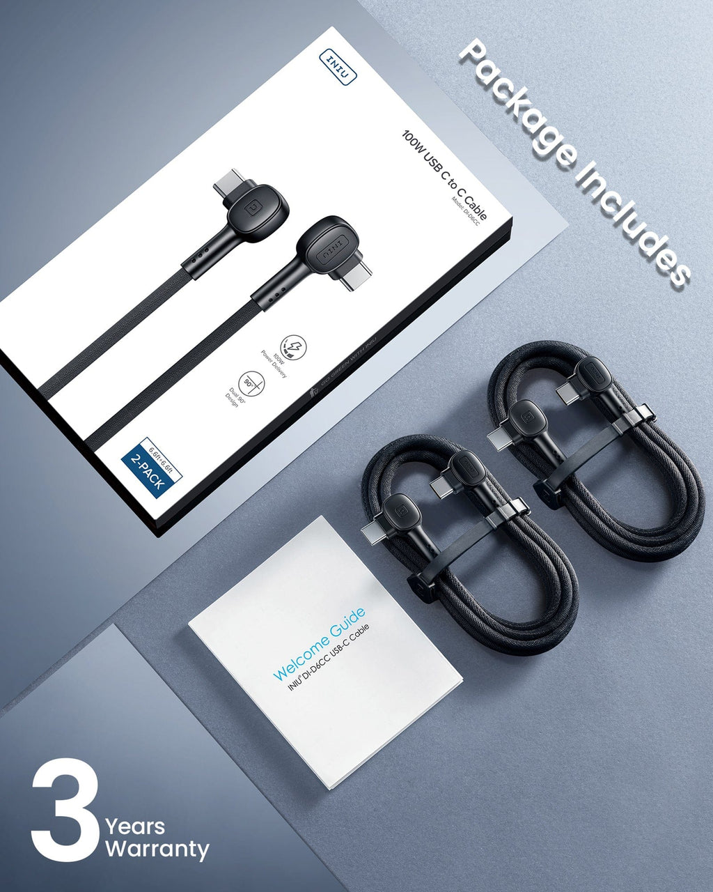 INIU D6CC 90° Design USB C Cable 100W (6.6ft, 2-Pack)