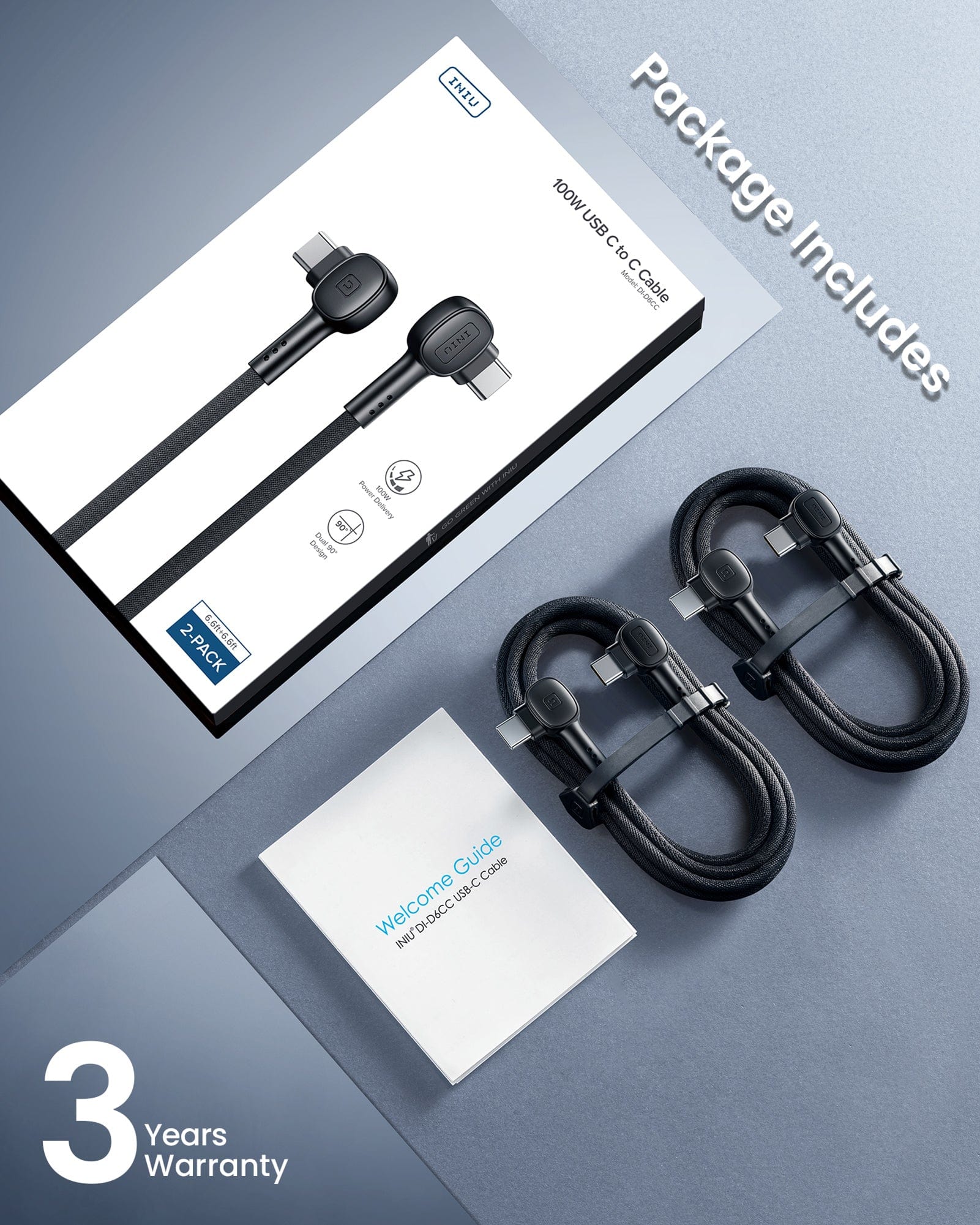 INIU D6CC 90° Design USB C Cable 100W (6.6ft, 2-Pack)