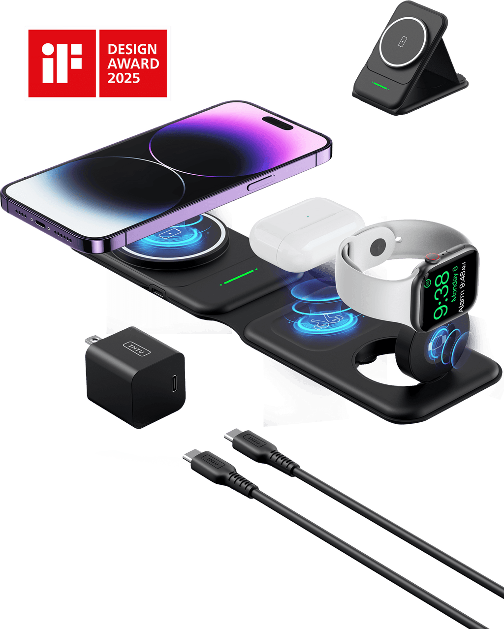 INIU SnapGo WI222 3 in 1 Wireless Charging Pad & Stand, 15W Magnetic Multifunction