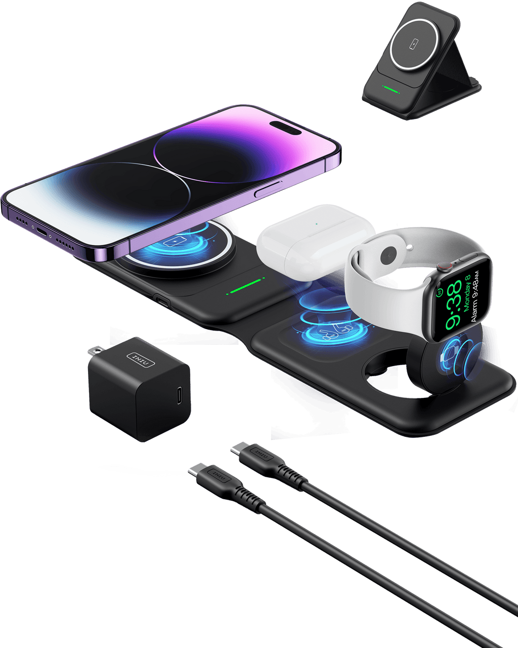 INIU SnapGo WI222 3 in 1 Wireless Charging Pad & Stand, 15W Magnetic Multifunction