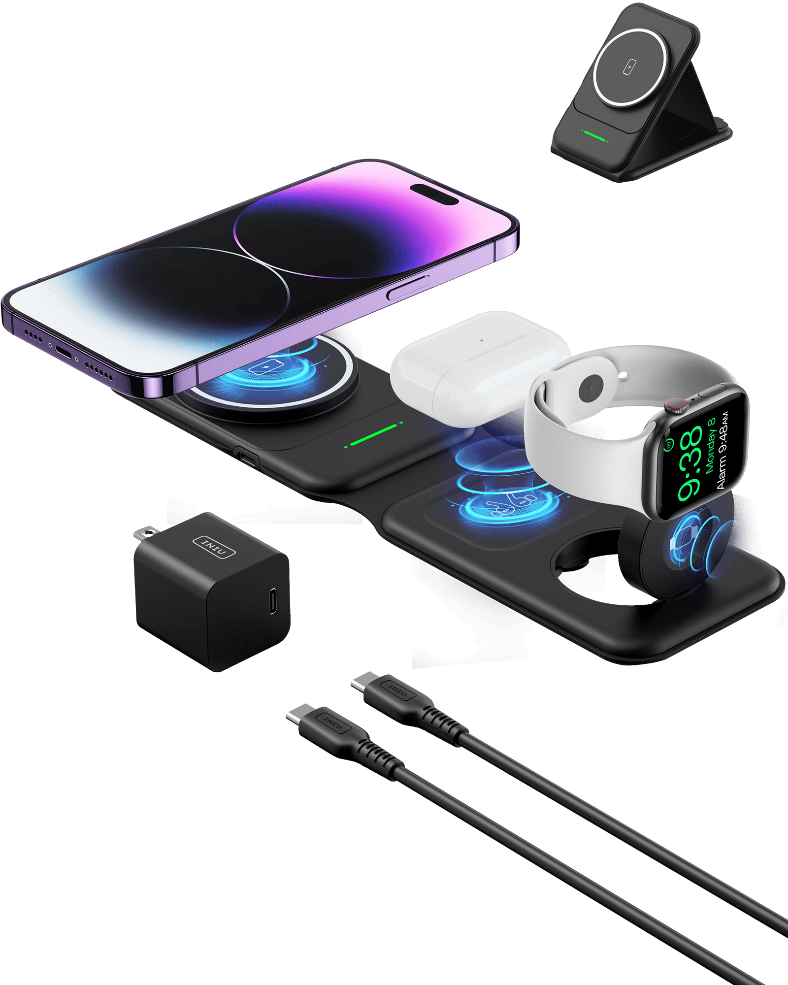 INIU SnapGo WI222 3 in 1 Wireless Charging Pad & Stand, 15W Magnetic Multifunction